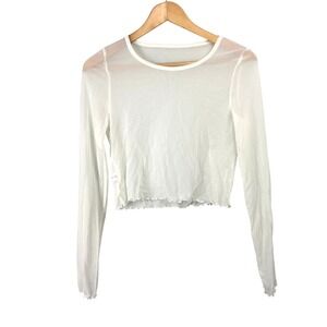 Aerie White Sheer Mesh Long Sleeve Lettuce Edge Crop Top Large Layering Coquette